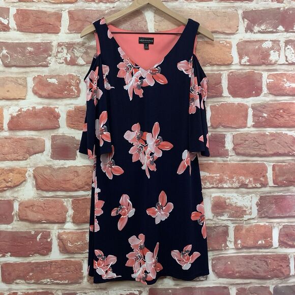 Connected Apparel Dress Women's 4 Petite Black Multicolor Floral Cold Shoulder - Picture 1 of 8